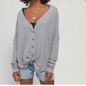 Grey button up blouse with front tie